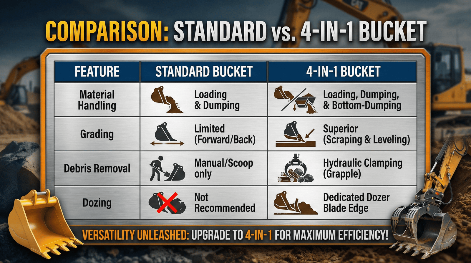 4-in-1 Bucket and Standard bucket comparison