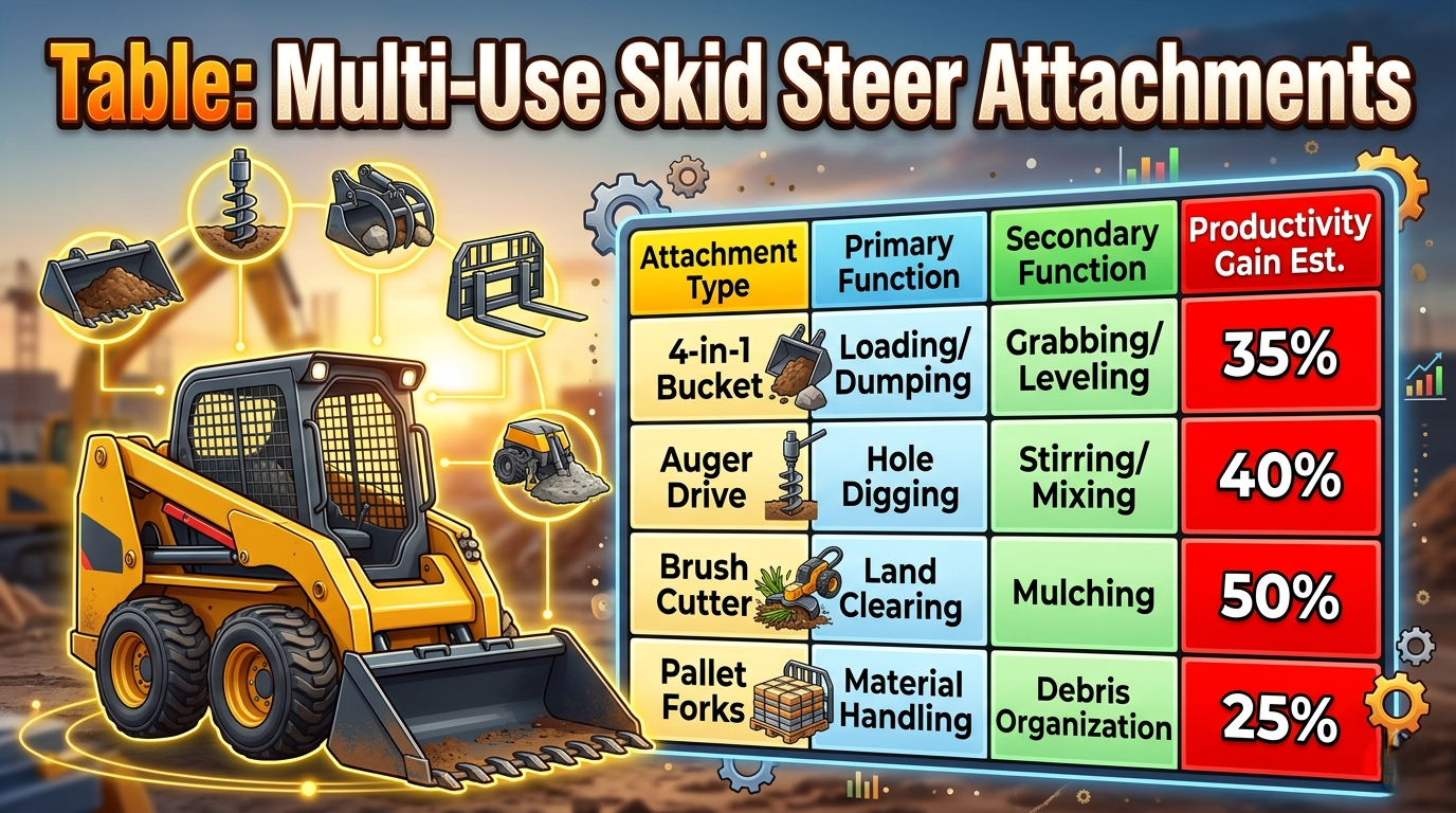 multi-use skid steer attachments Types